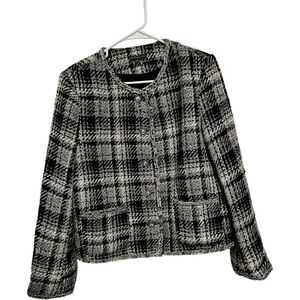 Adrianna Papell Black White Plaid Twead Jacket Size L Academia Preppy Mature